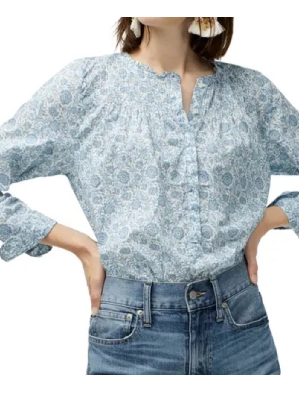 J.Crew x Liberty London Devonshire Floral Blue Ruffle Shirt Size XS 100% Cotton